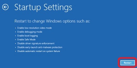 Windows 10 Advanced Startup Settings, Restart