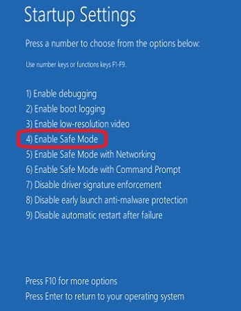 Windows 10 Advanced Startup Settings, Safe Mode Option