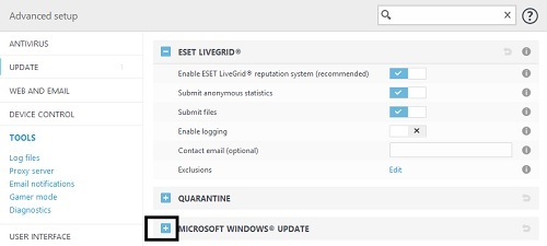 ESET Advanced Setup Tools, Windows Update Setting