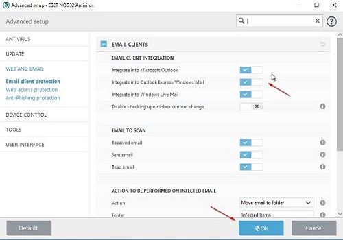 ESET Web and Email Settings, Toggle On Off
