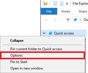 Windows 10 File Explorer Quick Access Menu, Options