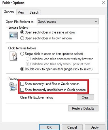 Windows 10 Quick Access Options, Folder Options, Choices