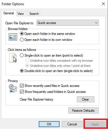 Windows 10 Folder Options, Apply Changes