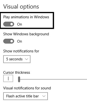 Windows 10 Ease of Access Options, Visual Options, toggle and settings