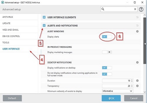ESET User Interface, Alerts and Notifications, Toggle settings