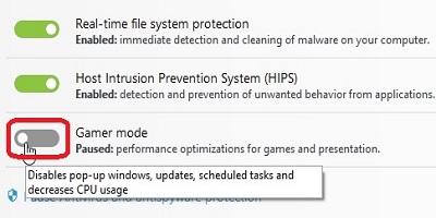 ESET Computer Protection, Gamer Mode, Toggle On Off