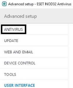 ESET Advanced Setup Options, Antivirus