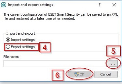 ESET Export Settings, three dots, OK