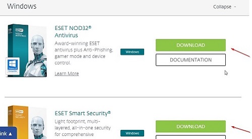 ESET Download Page Choices