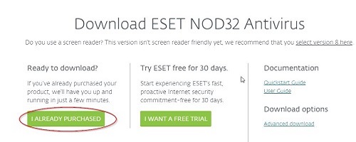 ESET Downloads, Already Purchased