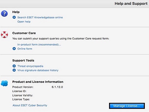 ESET Help and Support, Manage License