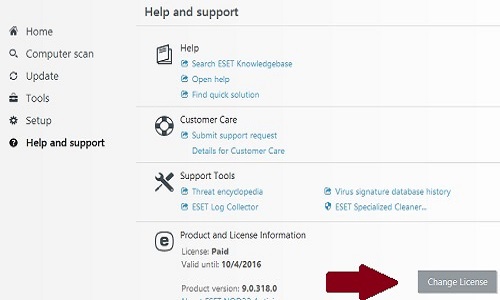 ESET Help and Support, Change License