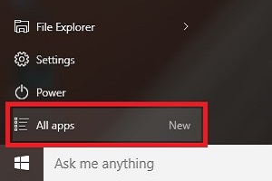 Windows 10 Start Menu, All Apps