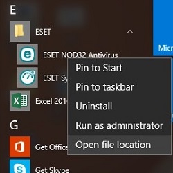 Windows 10 Start Menu, All Apps, ESET