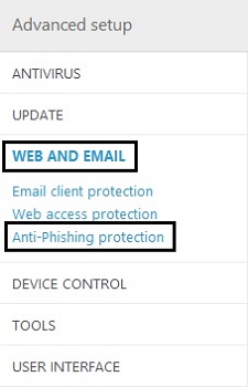 ESET Advanced Setup, Web and Email, Anti-Phishing