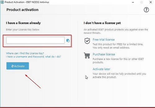 ESET Product Activation, License Key, Activate