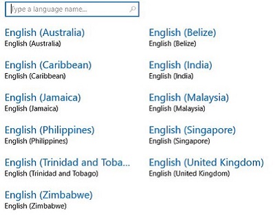 Windows 10 Language location choices