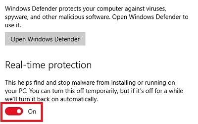 Windows Defender settings toggle on
