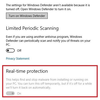 Windows Defender settings toggle off