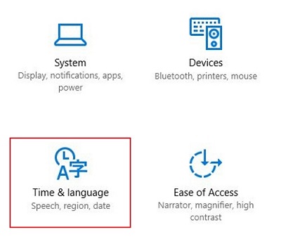 Windows 10 Settings, Time and Language