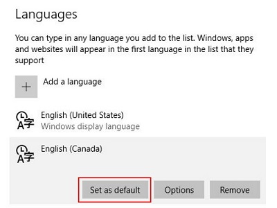 Windows 10 Region and Language, Set Default Language
