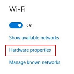 Windows 10 Wi-Fi Settings, Hardware Properties
