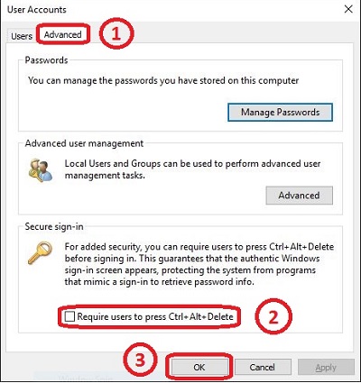 Windows User Accounts, Advanced, Secure Sign In