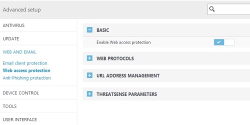 ESET Advanced Setup, Web Access Protection Settings