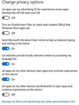 Windows 10 Privacy Options, Toggle On or Off