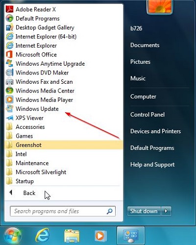 Windows 7 Start Menu With Windows Update highlighted