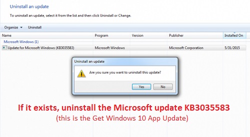 Windows Update KB3035583, Uninstall