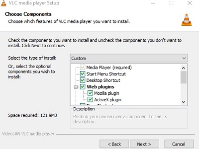 VLC media player setup, choose components