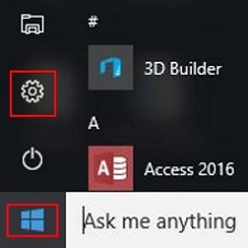 Windows 10 Start menu with Settings selected
