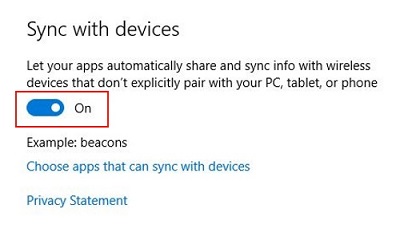 Windows 10 Sync with Devices menu with setting switched to on