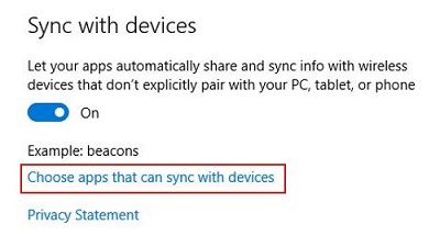 Windows 10 Sync with Devices menu with apps selection highlighted