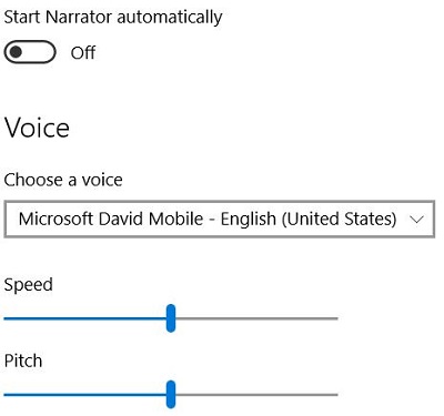 Start Narrator automatically, Voice, Speed, Pitch