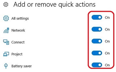 Notifications, quick action settings