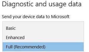Diagnostic and usage data, send your device data to Microsoft