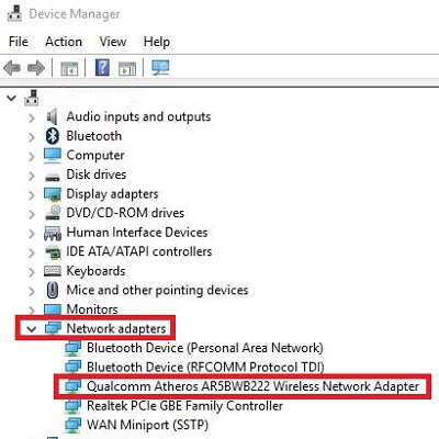 Device Manager, list of devices