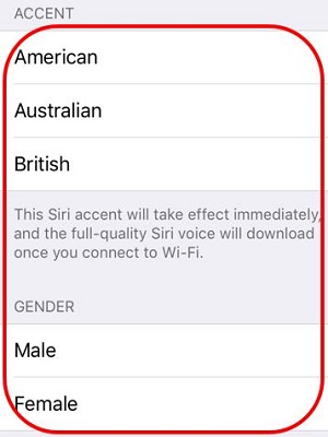 Siri Voice, Accent and Gender Settings