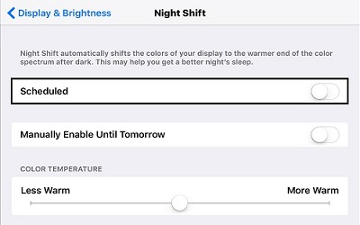 Apple iOS 9 Night Shift Settings - Scheduled selected