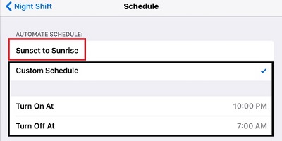Apple iOS 9 Night Shift - Schedule options