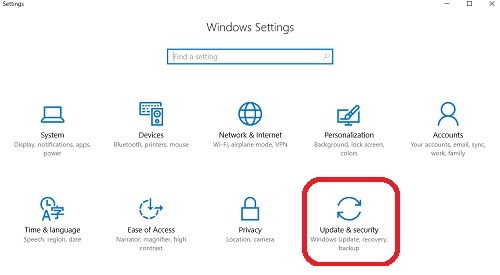 Windows 10 Settings - Update & Security Selected