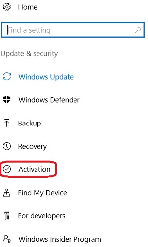 Windows 10 Update and Security tab – Activation Selected