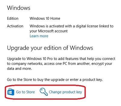 Windows 10 Activation Window - Change product key Selected