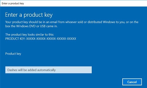 Windows 10 Enter a product key page
