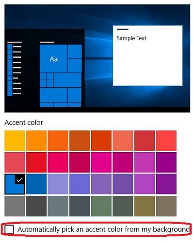 Windows 10 Colors setting, Choose a color selection