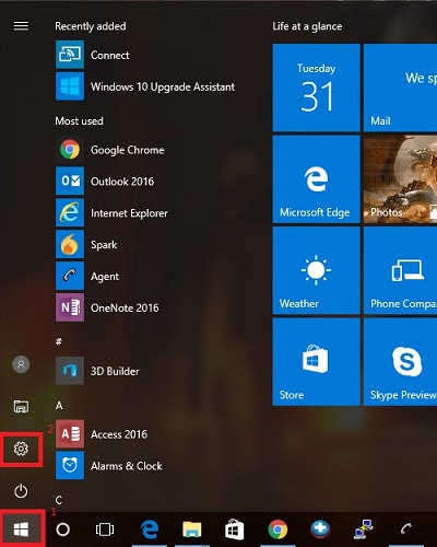 Windows 10 Desktop - Start button, Settings