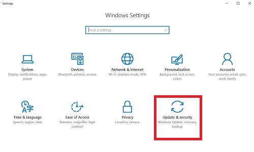 Settings, Update and Security