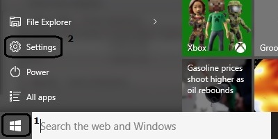 Windows 10 Start Menu, settings highlighted